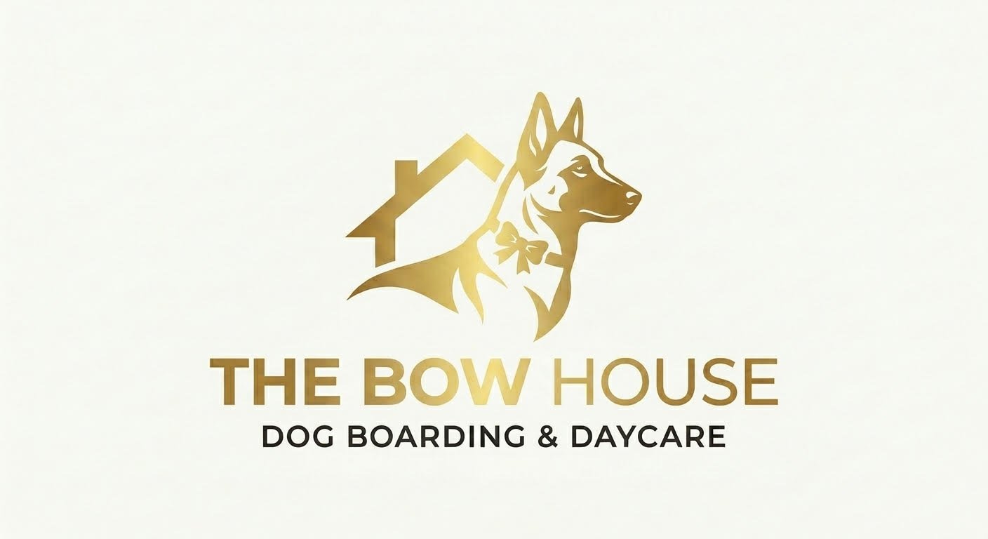 The Bow House logo featuring a gold dog and house icon with text for dog boarding and daycare services