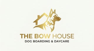 The Bow House logo featuring a gold dog and house icon with text for dog boarding and daycare services