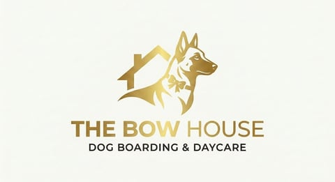 The Bow House logo featuring a gold dog and house icon with text for dog boarding and daycare services